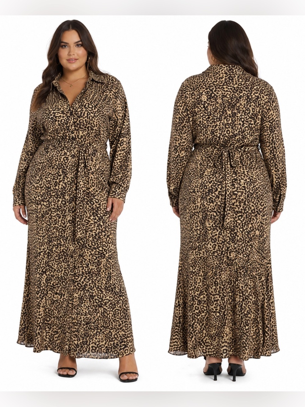 Macllyn Leopard Print Long Sleeve Button Down Dress